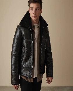 Men Black Shearling Bomber Leather Jacket - image 1