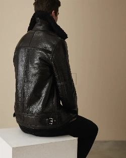 Men Black Shearling Bomber Leather Jacket - image 2