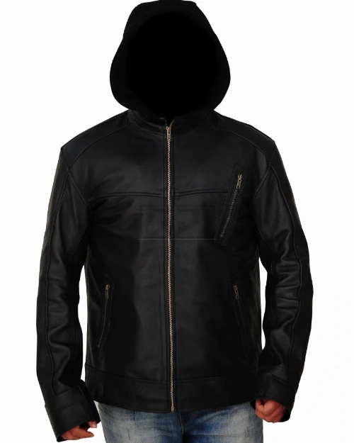 Men Black Leather Jacket With Hoodie - image 4