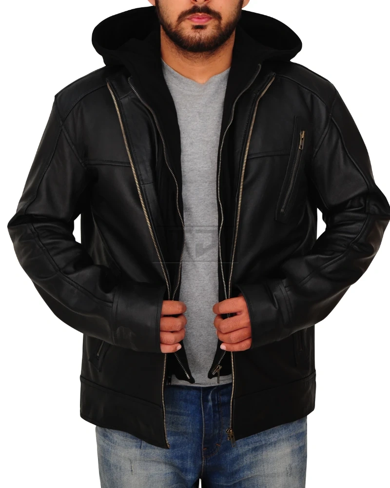 Men Black Leather Jacket With Hoodie - image 1