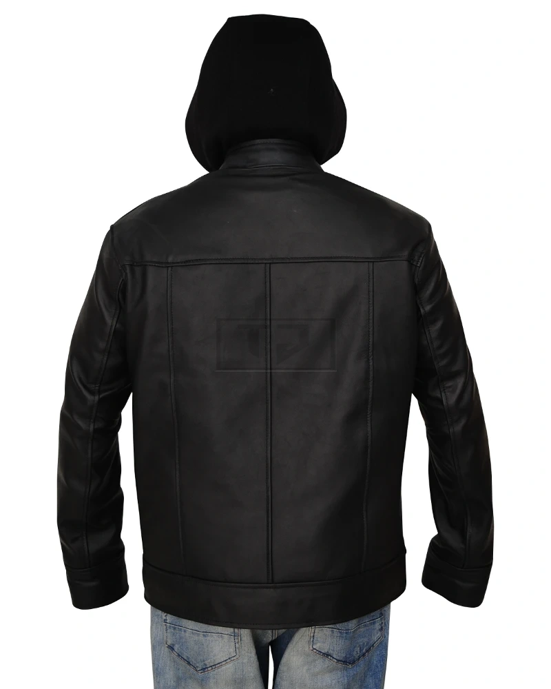 Men Black Leather Jacket With Hoodie - image 2