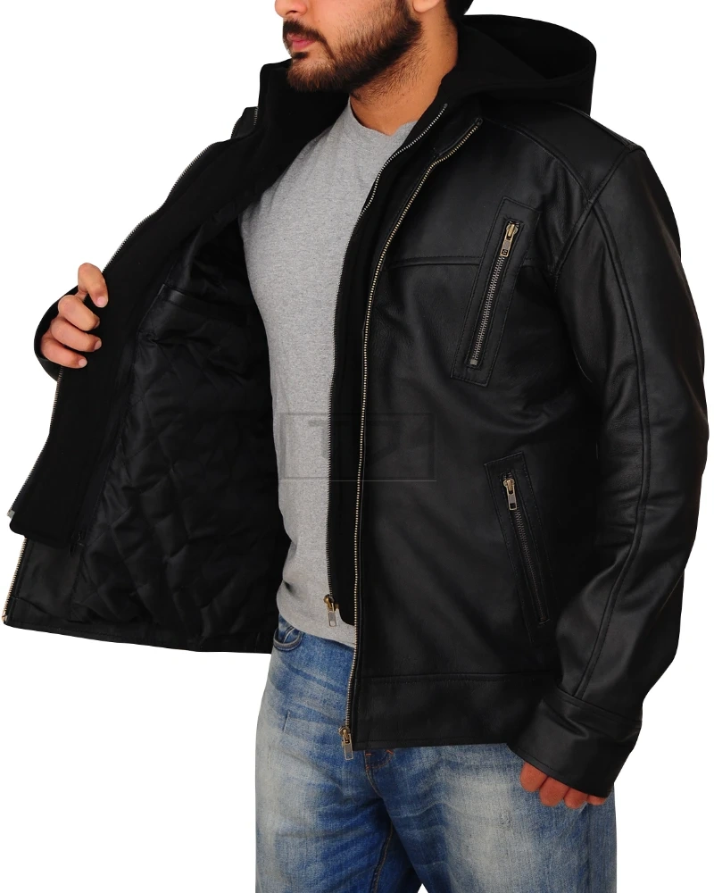Men Black Leather Jacket With Hoodie - image 3