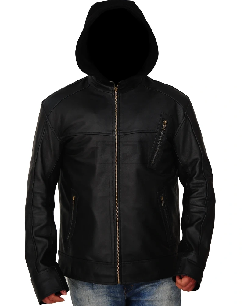 Men Black Leather Jacket With Hoodie - image 4