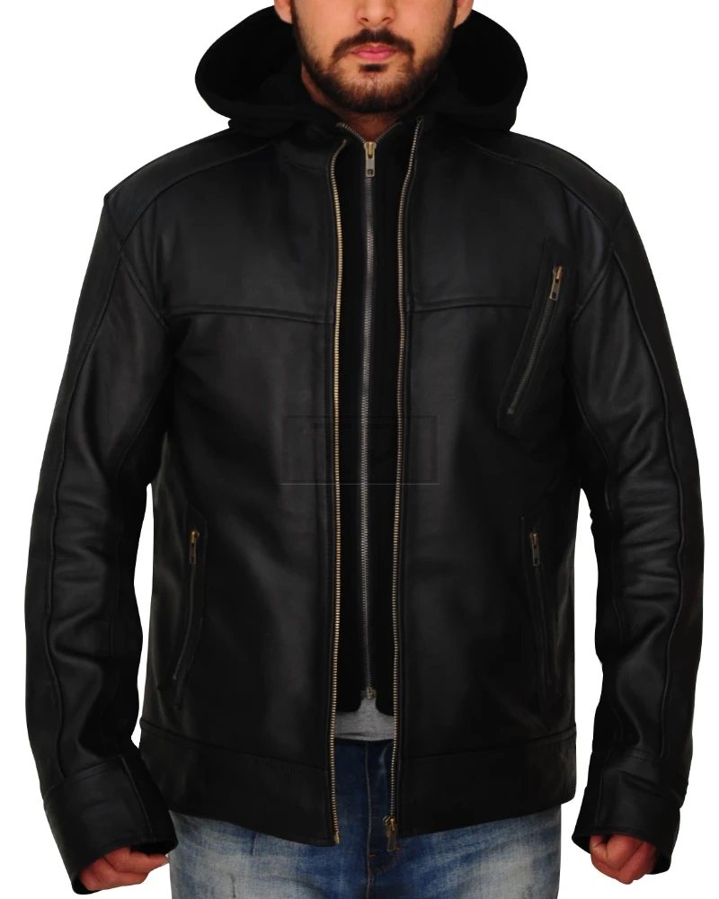 Men Black Leather Jacket With Hoodie - image 5