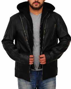 Men Black Leather Jacket With Hoodie - image 1
