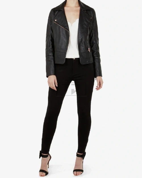 Women Pitch Black Biker Jacket - image 1