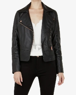 Women Pitch Black Biker Jacket - image 3