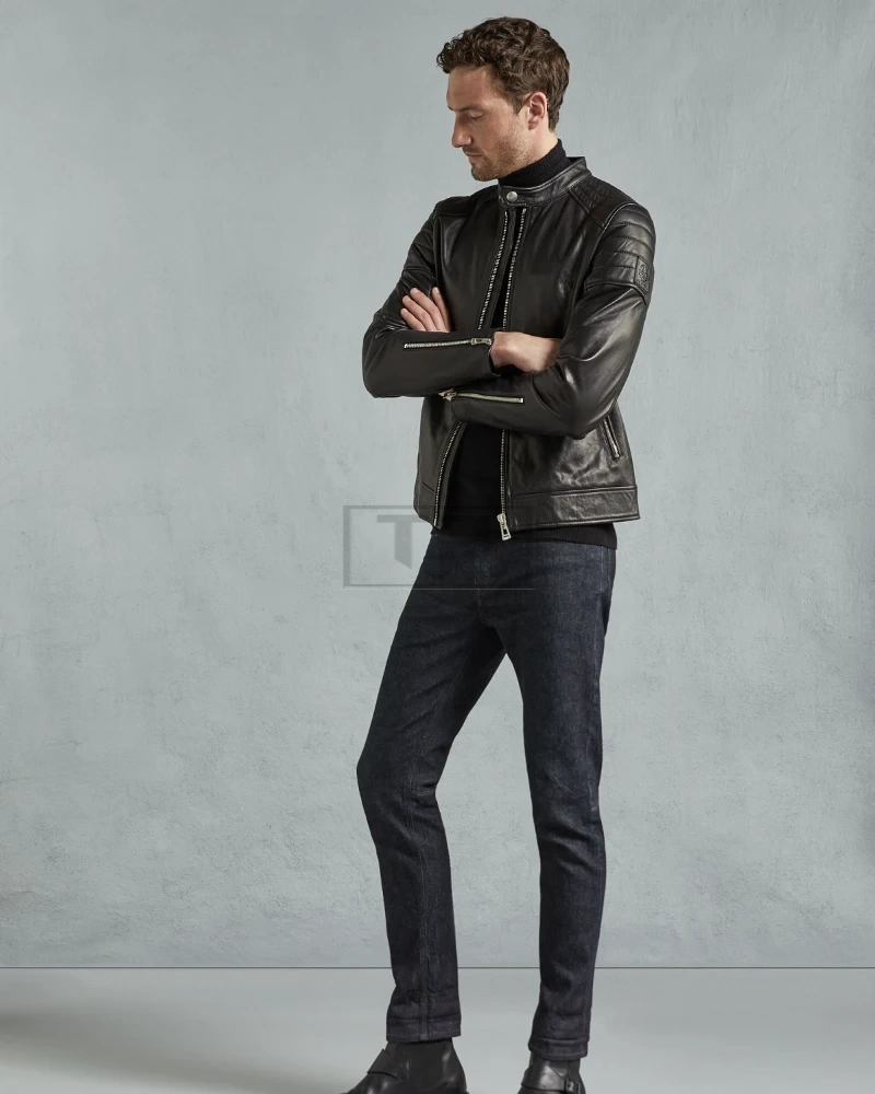 Men Simple Black Biker Leather Jacket - image 1