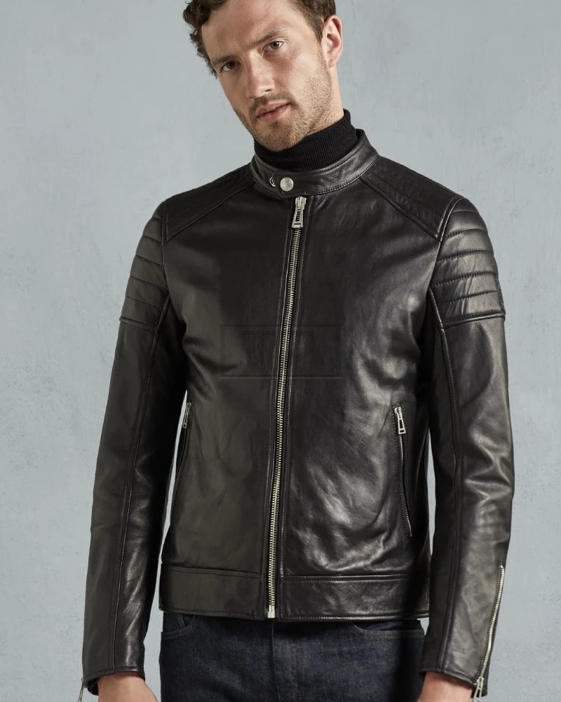 Men Simple Black Biker Leather Jacket - image 3