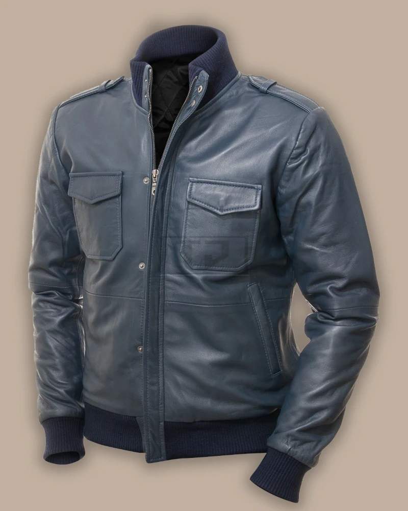 Men Blue Bomber Leather Jacket - image 1