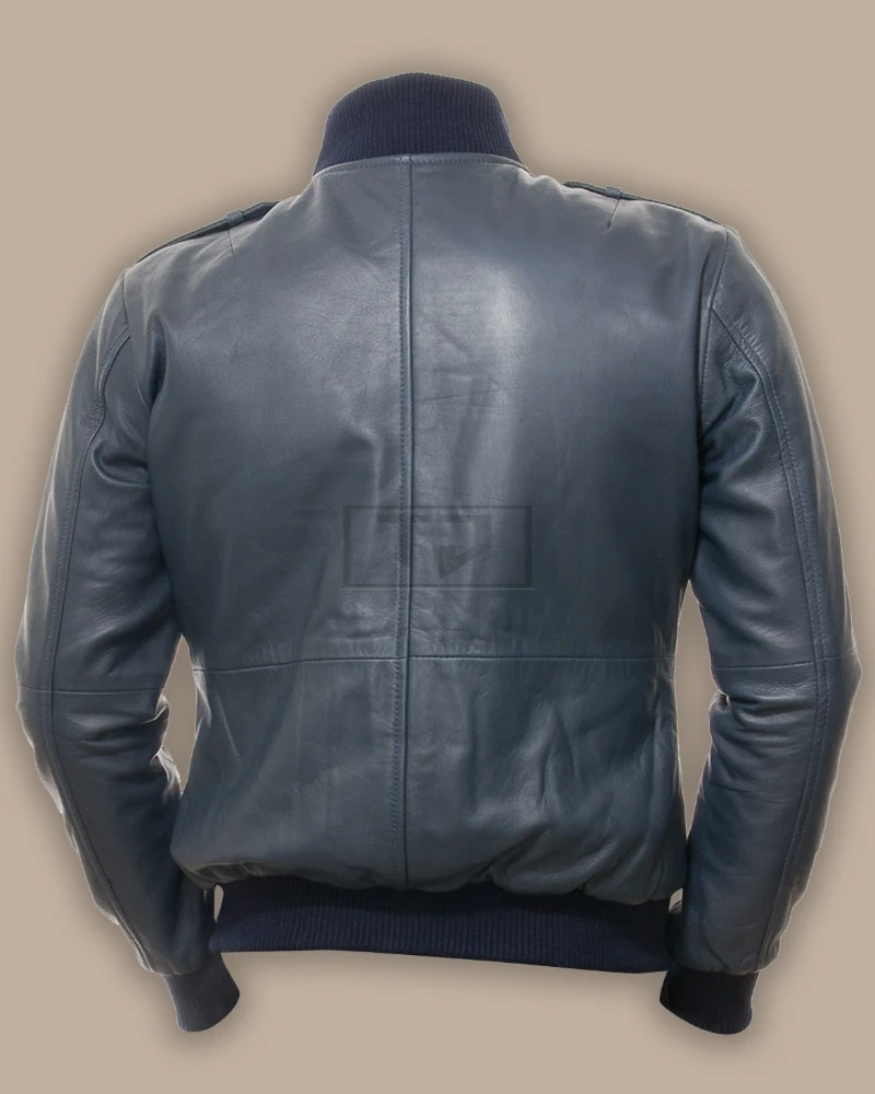 Men Blue Bomber Leather Jacket - image 2