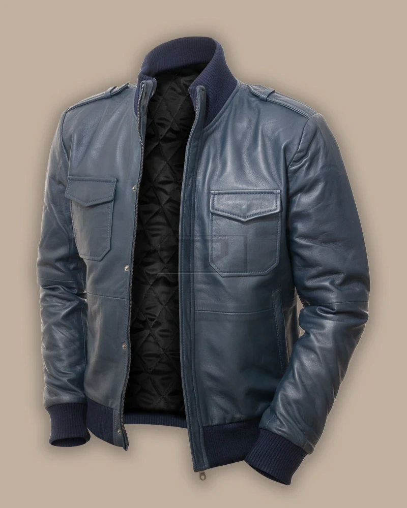 Men Blue Bomber Leather Jacket - image 3