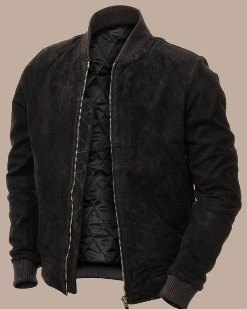 Men Black Suede Bomber Jacket - image 3