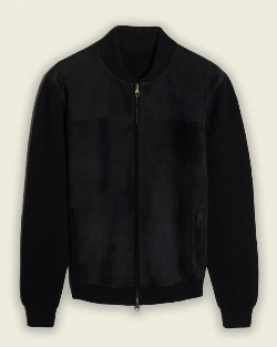 Men Pitch Black Suede Bomber Jacket - image 1