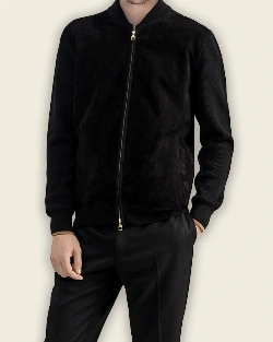 Men Pitch Black Suede Bomber Jacket - image 3