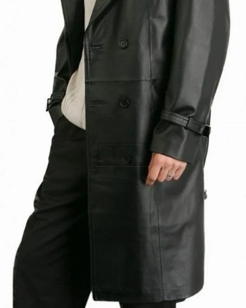 Men Black Faux Leather Overcoat - image 2