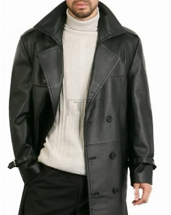 Men Black Faux Leather Overcoat - image 1