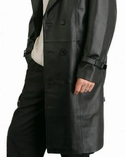 Men Black Faux Leather Overcoat - image 2