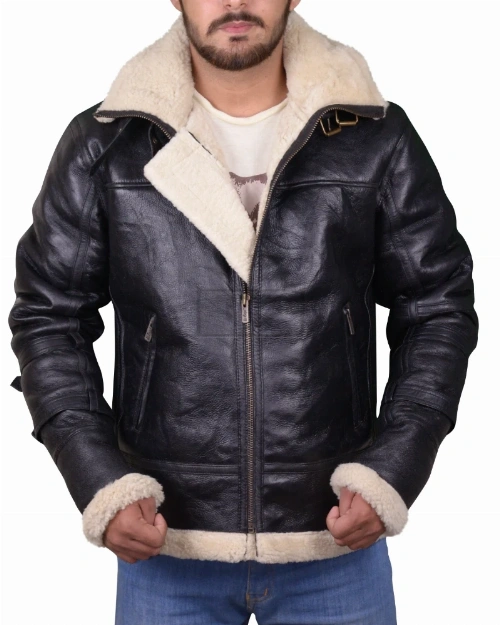 Men Black B3 Bomber Aviator Shearling Leather Jacket - image 1