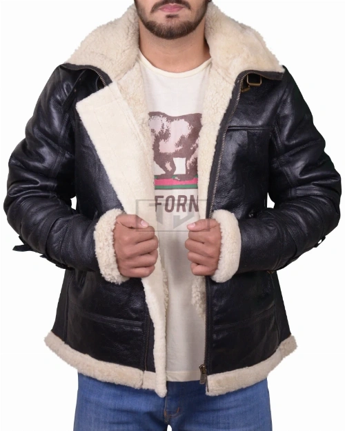 Men Black B3 Bomber Aviator Shearling Leather Jacket - image 3