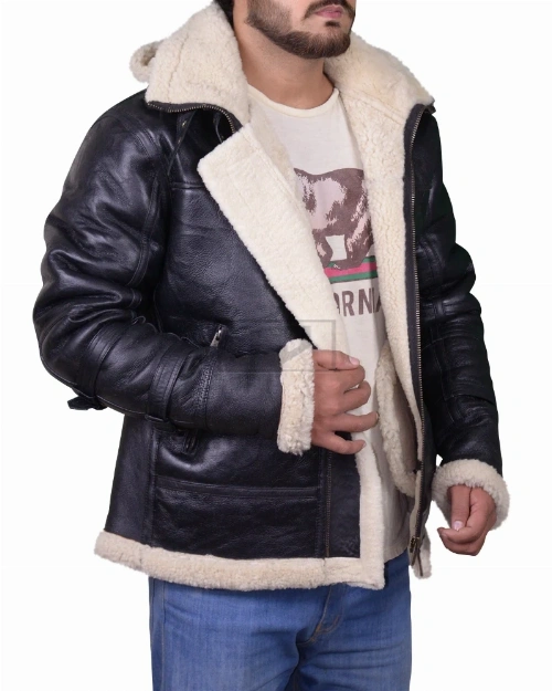Men Black B3 Bomber Aviator Shearling Leather Jacket - image 4