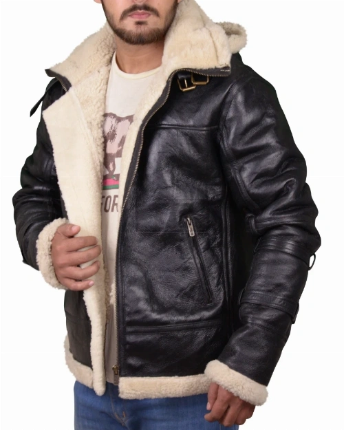 Men Black B3 Bomber Aviator Shearling Leather Jacket - image 5
