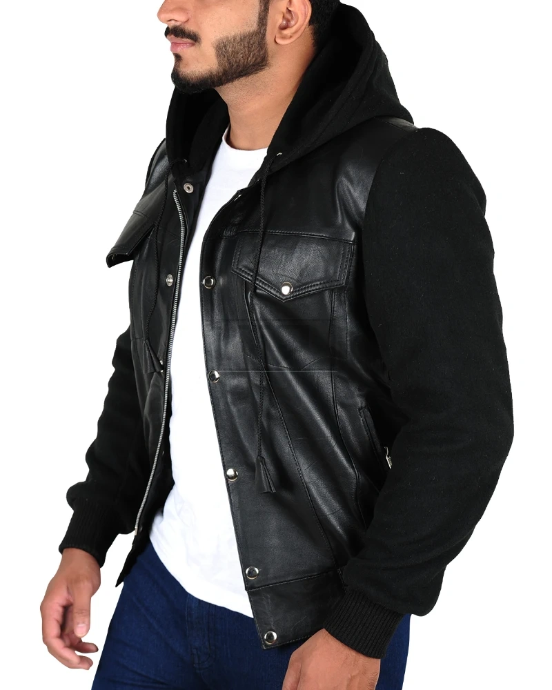 Fleece Hoodie Leather Jacket - image 5