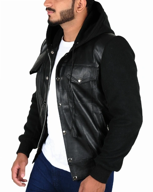 Fleece Hoodie Leather Jacket - image 5