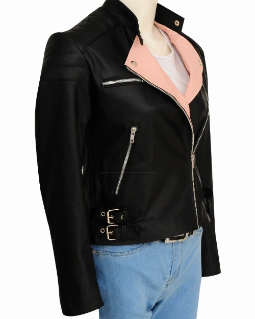 Black & Pink Brando Leather Jacket - image 3