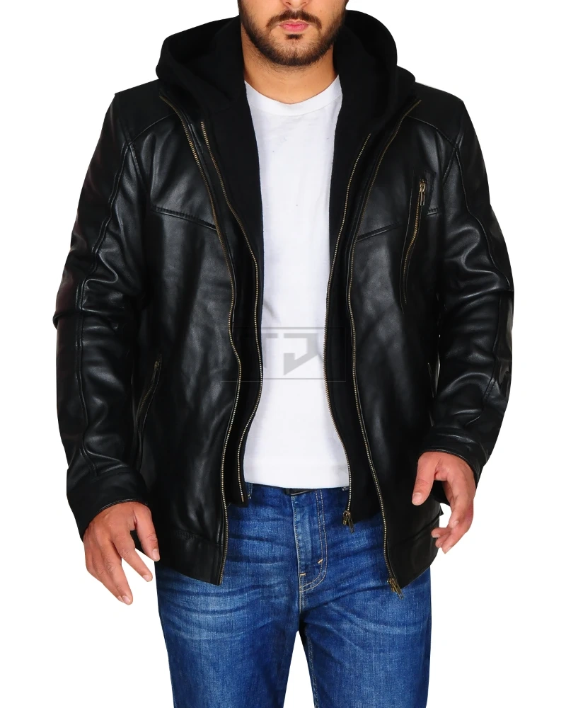 Black Leather Jacket With Hoodie - image 1