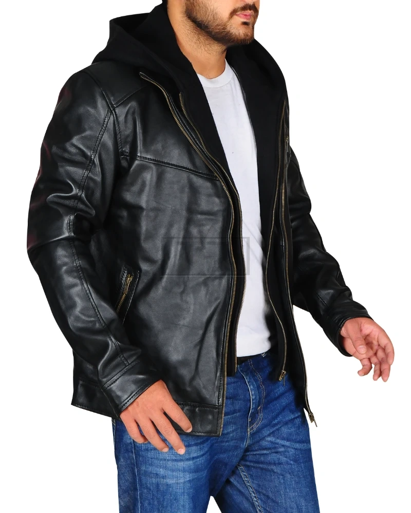 Black Leather Jacket With Hoodie - image 3