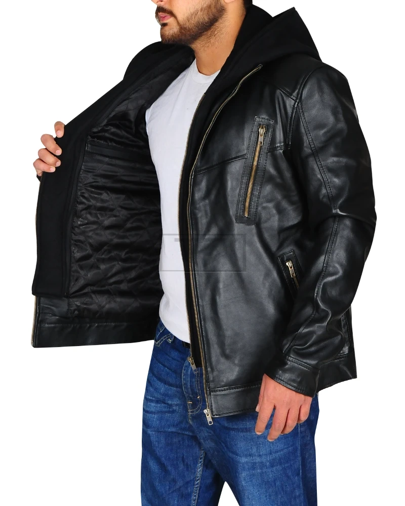 Black Leather Jacket With Hoodie - image 4