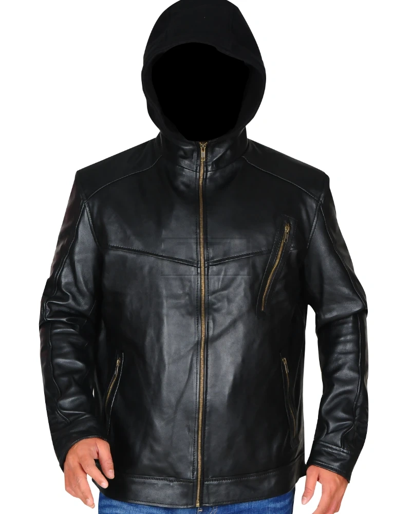 Black Leather Jacket With Hoodie - image 5