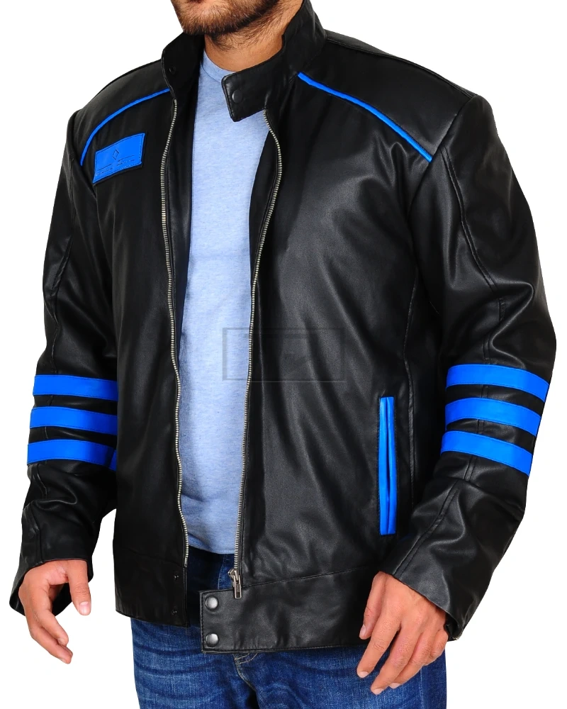 Black & Blue Biker Leather Jacket - image 4