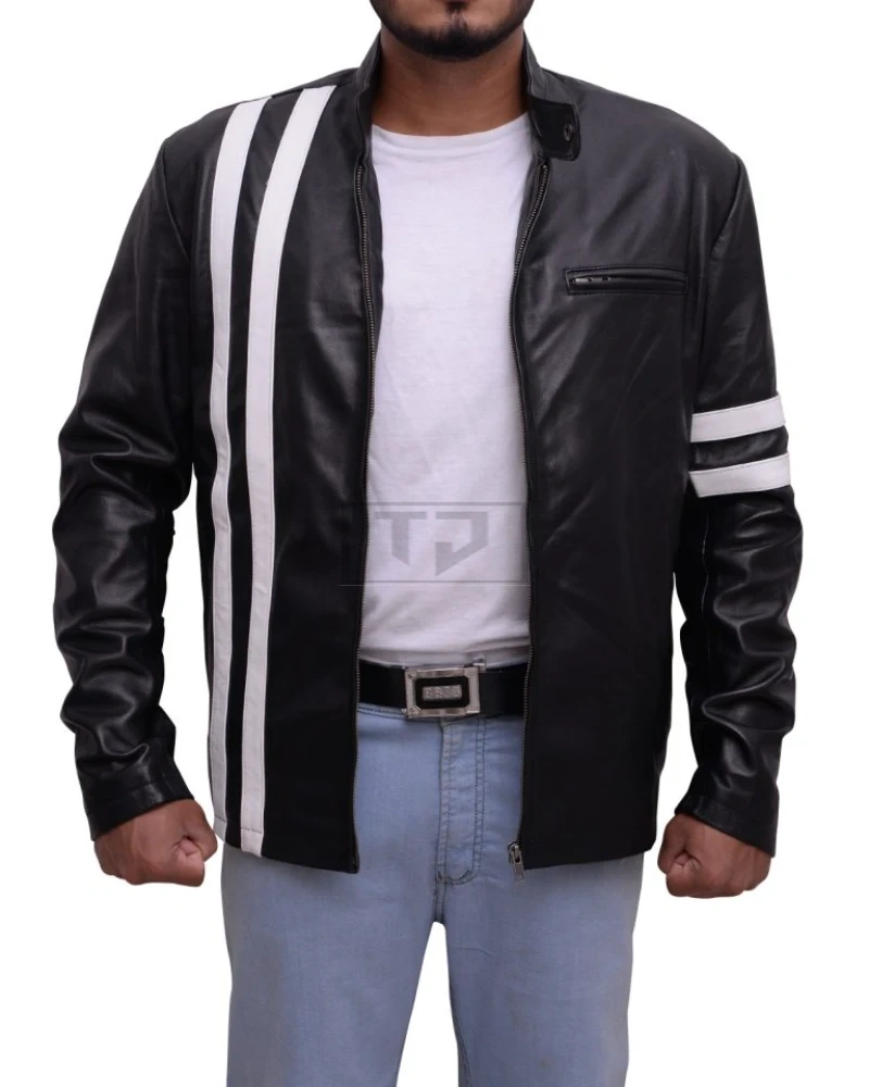 Black With White Stripes Leather Jacket - image 1