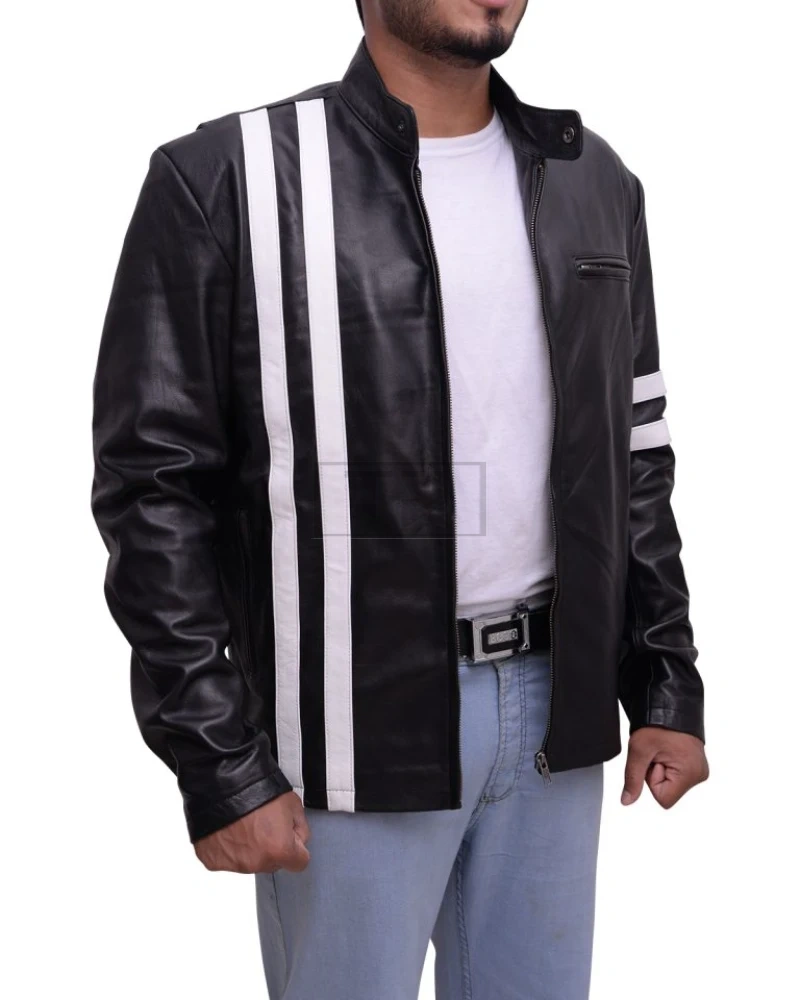 Black With White Stripes Leather Jacket - image 3