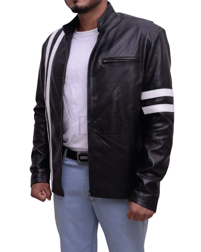 Black With White Stripes Leather Jacket - image 4