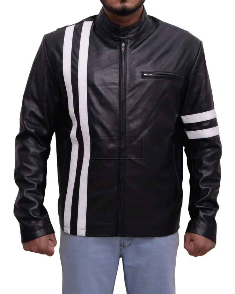 Black With White Stripes Leather Jacket - image 5