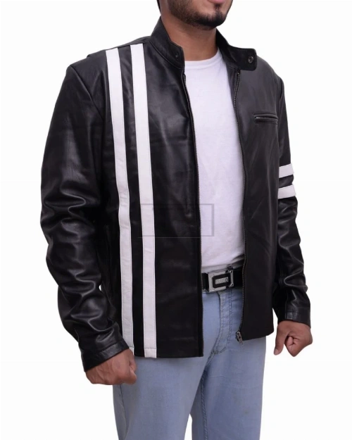 Black With White Stripes Leather Jacket - image 3