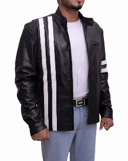 Black With White Stripes Leather Jacket - image 3