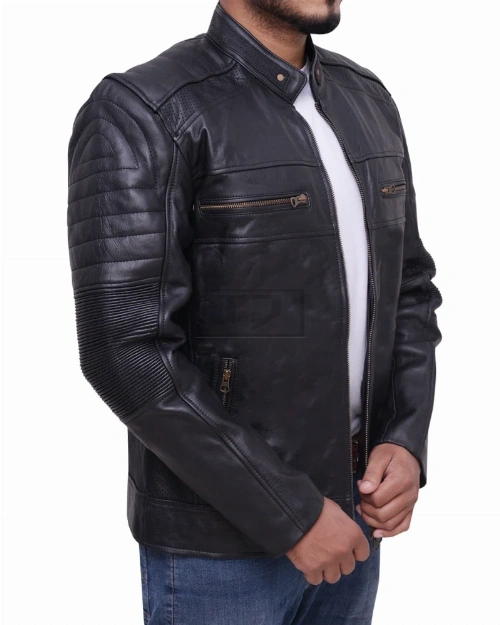 Black Cafe Racer Biker Jacket - image 3