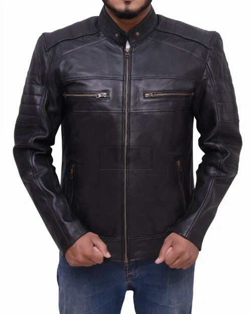 Black Cafe Racer Biker Jacket - image 4
