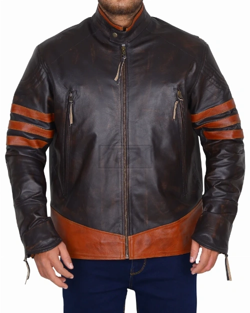 Rub Buff Leather Jacket With Stripes - Image 4