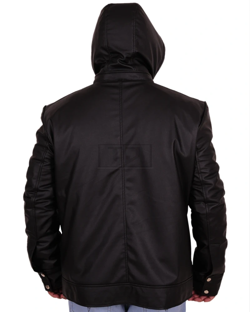 Stylish Black Hoodie Leather Jacket - image 2