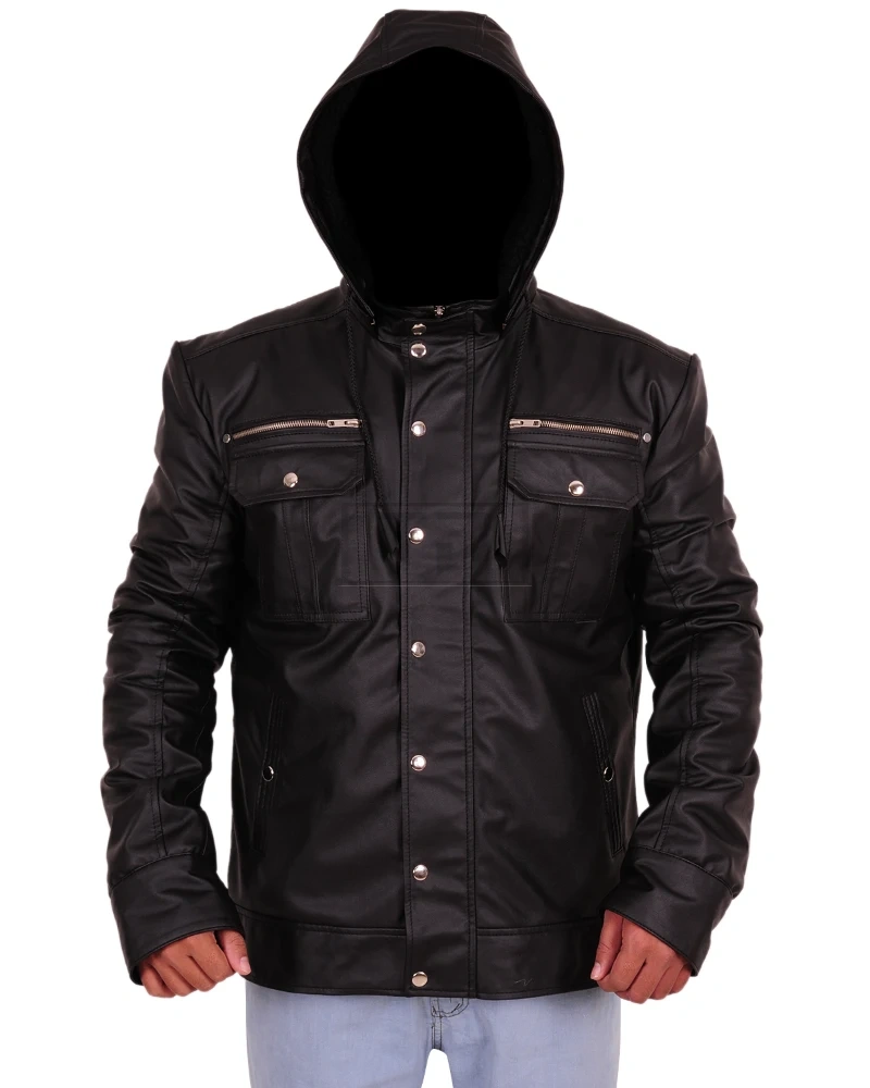 Stylish Black Hoodie Leather Jacket - image 4