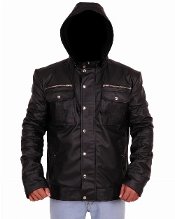 Stylish Black Hoodie Leather Jacket - image 4