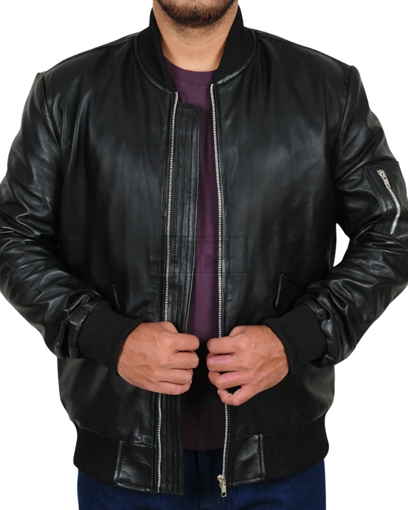 Rib Knitted Black Leather Jacket - image 1