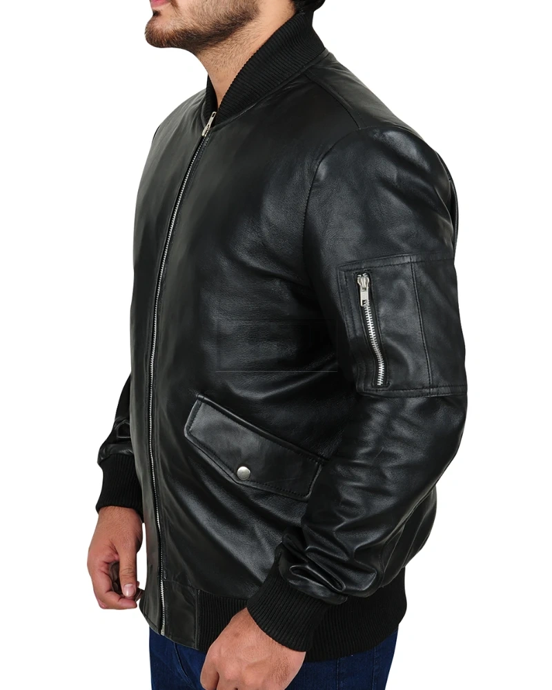 Rib Knitted Black Leather Jacket - image 4