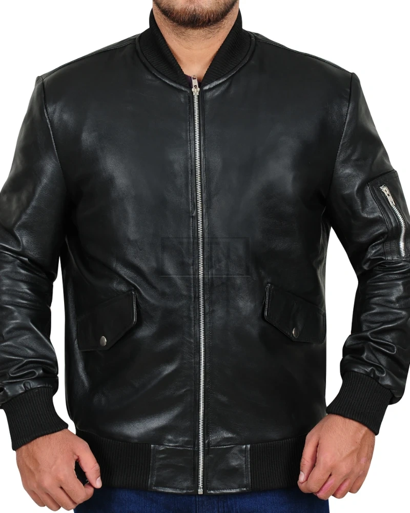 Rib Knitted Black Leather Jacket - image 5