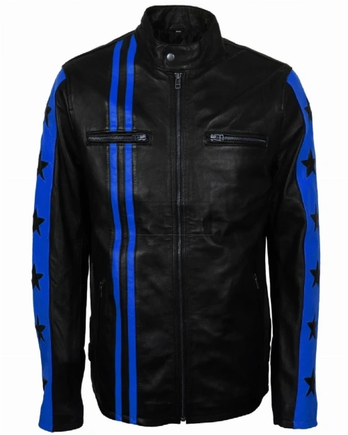 Men Blue Stripes Biker Jacket